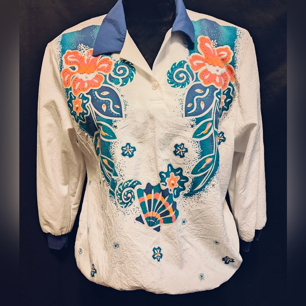 Vintage Floral Lightweight Jacket Shirt with Faux Pearls Sz L